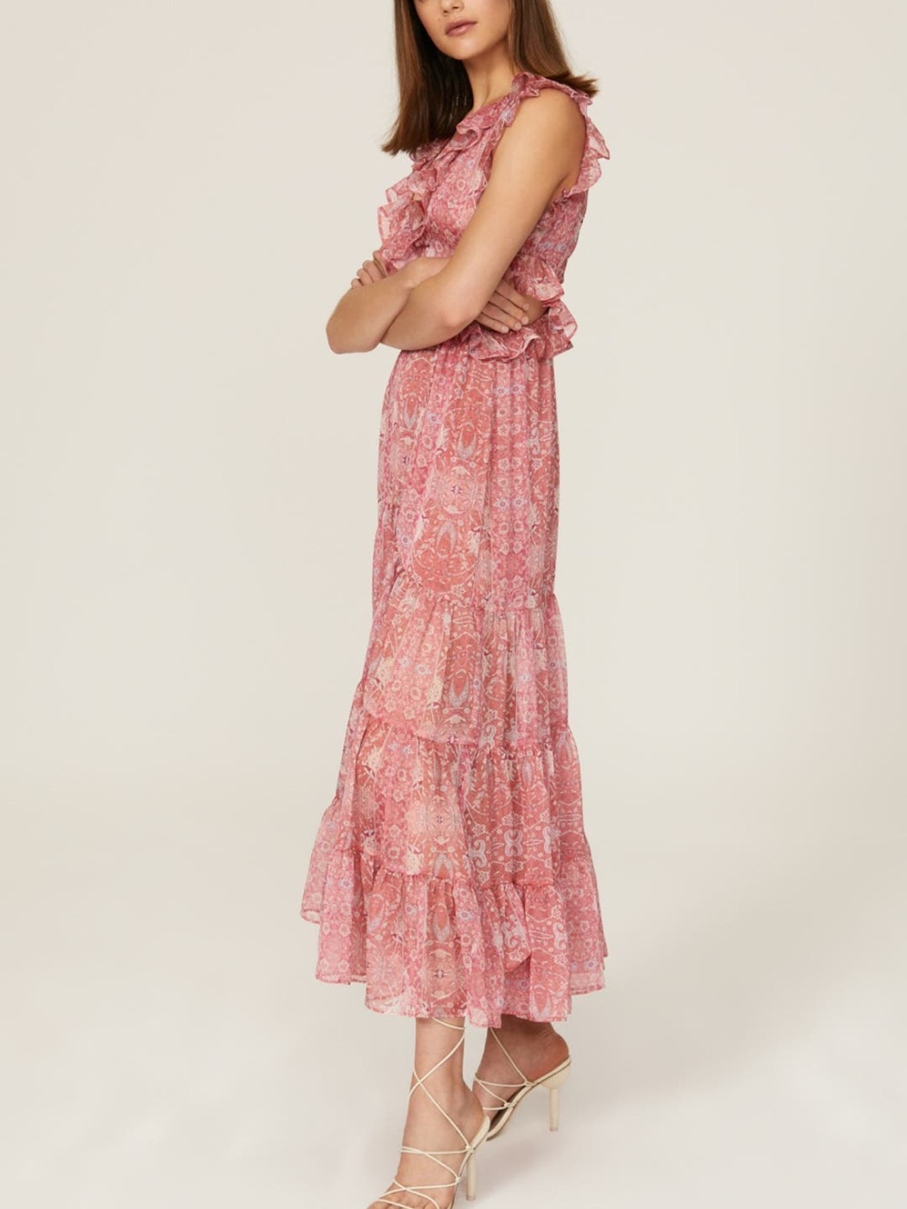 Misa Los Angeles Pink Paisley Ruffle Tiered Midi Dress